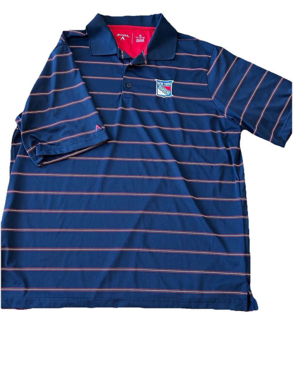 Antigua- New York Rangers Golf Polo XL Blue Striped Preppy Sports Casual Hockey